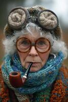 AI generated A fashionable elderly woman smokes a pipe on the street in autumn photo