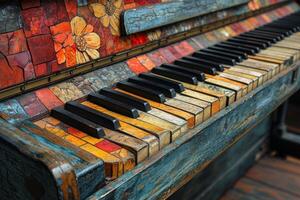 AI generated Close-up of the colorful keys of an old piano photo