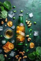 AI generated Realistic beer bottle with golden bubbles on the background with snacks. A refreshing drink without a label photo