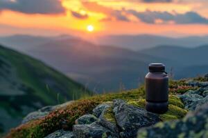 ai generado un al aire libre termo matraz soportes en un rock a puesta de sol foto