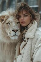 AI generated Beautiful fashionable young woman with a beautiful big lion photo