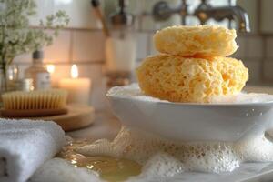 AI generated A sea sponge in foam in the bathroom for washing photo