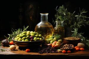 ai generado Fresco aceitunas en el mesa y aceituna petróleo en un botella. aceituna cosecha foto