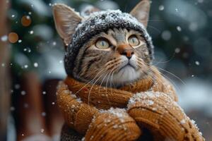 ai generado un gato en un invierno sombrero y bufanda en el calle durante el día en invierno foto