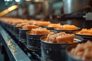AI generated Production of canned fish. Tin cans of fish on the conveyor photo