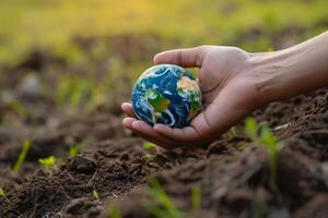 ai generado de cerca de un del hombre manos participación un globo de el tierra. tierra día concepto salvar el mundo salvar el ambiente foto