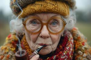 AI generated A fashionable elderly woman smokes a pipe on the street in autumn photo