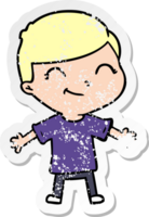 distressed sticker of a cartoon boy smiling png