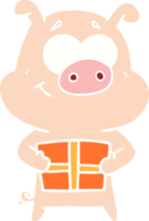 happy flat color style cartoon pig holding christmas present png