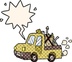 cartoon old truck full of junk and speech bubble in comic book style png