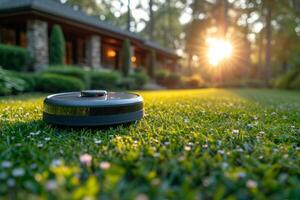 AI generated A robot vacuum cleaner is working in the courtyard on the lawn at sunset photo