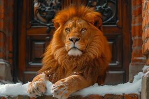 AI generated A big lion is sitting guarding the front door of the house photo