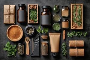 AI generated eco-friendly disposable tableware made of paper and wood with spices on a black background. the concept of recycling photo