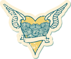 ikonisches beunruhigtes Aufkleber-Tattoo-Stilbild eines Herzens mit Flügeln und Banner png