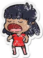 distressed sticker of a cartoon woman talking loudly png