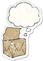 cartoon package with thought bubble as a distressed worn sticker png