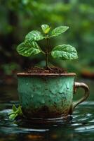 AI generated A green young plant in a flower pot, germinating seeds in a glass photo