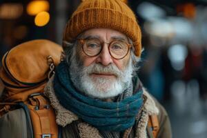 AI generated An elderly man is a traveler with a backpack in the autumn in the forest photo
