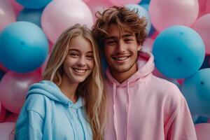 ai generado un joven Pareja en un antecedentes de rosado y azul globos género fiesta foto