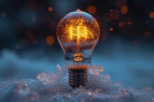 AI generated An ordinary incandescent light bulb stands outside in winter and burns photo