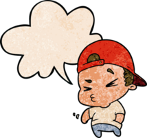 cartoon cool kid with speech bubble in retro texture style png