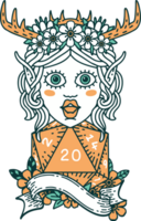 Retro Tattoo Style elf druid character with natural twenty dice roll png