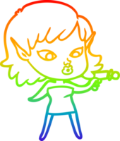 rainbow gradient line drawing of a pretty cartoon girl with ray gun png