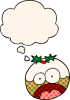 cartoon shocked chrstmas pudding with thought bubble in comic book style png