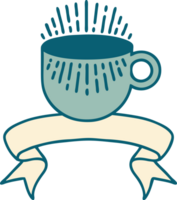 traditional tattoo with banner of cup of coffee png