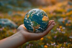 AI generated Close-up of a man's hands holding a globe of the earth. Earth Day Concept Save the World save the environment photo