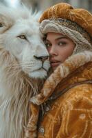 AI generated Beautiful fashionable young woman with a beautiful big lion photo