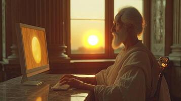 AI generated Portrait of an elderly man working at home at a computer near the window at sunset. The concept of a freelancer photo
