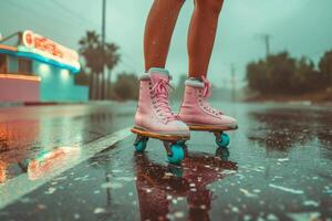 ai generado hermosa piernas largas muchachas actitud en Clásico rodillo patines en el parque en un calentar verano día foto