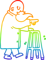 rainbow gradient line drawing of a cartoon old man with walking frame png