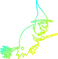 cold gradient line drawing of a cartoon witch on broom png