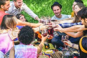 Group of happy young friends cheering with red wine glasses at picnic barbecue in countryside - Young people having fun drinking and eating outdoor - Friendship and youth holidays lifestyle concept photo