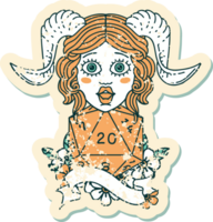 Tiefling im Retro-Tattoo-Stil mit natürlicher 20-Würfel-Rolle png