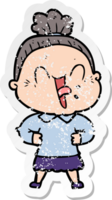 distressed sticker of a cartoon happy old woman png