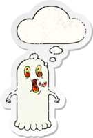 cartoon ghost with flaming eyes with thought bubble as a distressed worn sticker png