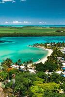 View from the height of the east coast of the island of Mauritius in the Indian Ocean. Beautiful lagoon of the island of Mauritius, photo