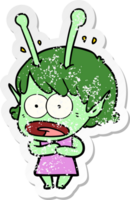 distressed sticker of a cartoon shocked alien girl png