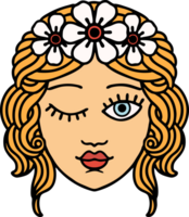 tattoo in traditional style of a maidens face winking png