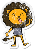 distressed sticker of a happy cartoon lion png