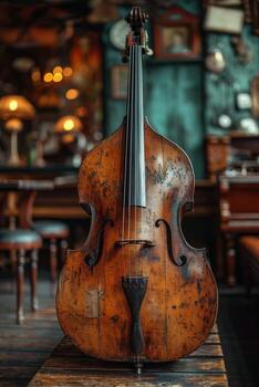 AI generated A double bass set obliquely in anticipation of use at a classical music concert. The double bass is in the room photo