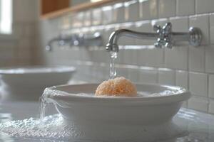 AI generated A sea sponge in foam in the bathroom for washing photo