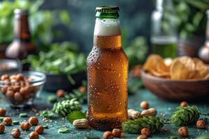 ai generado realista cerveza botella con dorado burbujas en el antecedentes con meriendas. un refrescante bebida sin un etiqueta foto