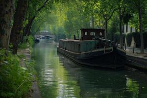 AI generated An old boat in the city canal on the water photo