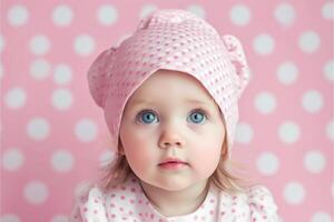 ai generado retrato de un pequeño niña en un rosado antecedentes con blanco círculos foto