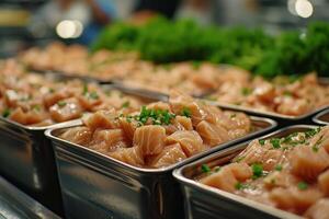 AI generated Production of canned fish. Tin cans of fish on the conveyor photo