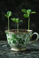 AI generated A green young plant in a flower pot, germinating seeds in a glass photo